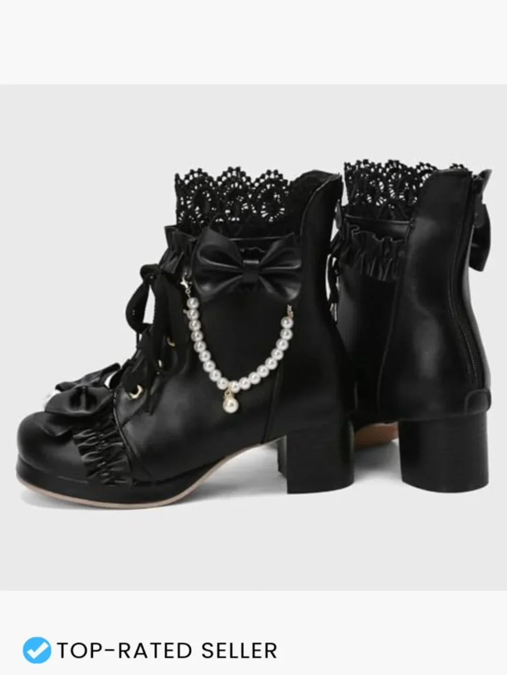 Cute Lolita Ankle Boots Chunky Mid Heel Platform Lace Up Bow Booties Pearl